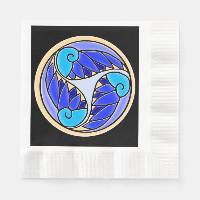 Nautilus and Palm Leaves - 3 Blues, Yellow, Black Napkin (Front)