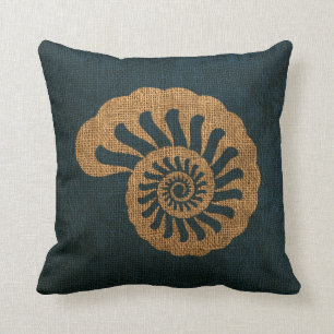 Nautilus Sea Shell in Rustic Deep Blue Cushion