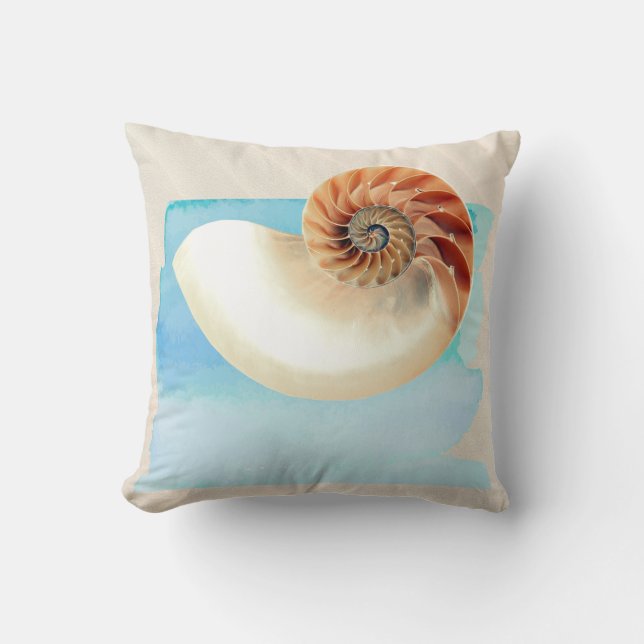 Nautilus Seashell and Sand Throw Pillow (Front)