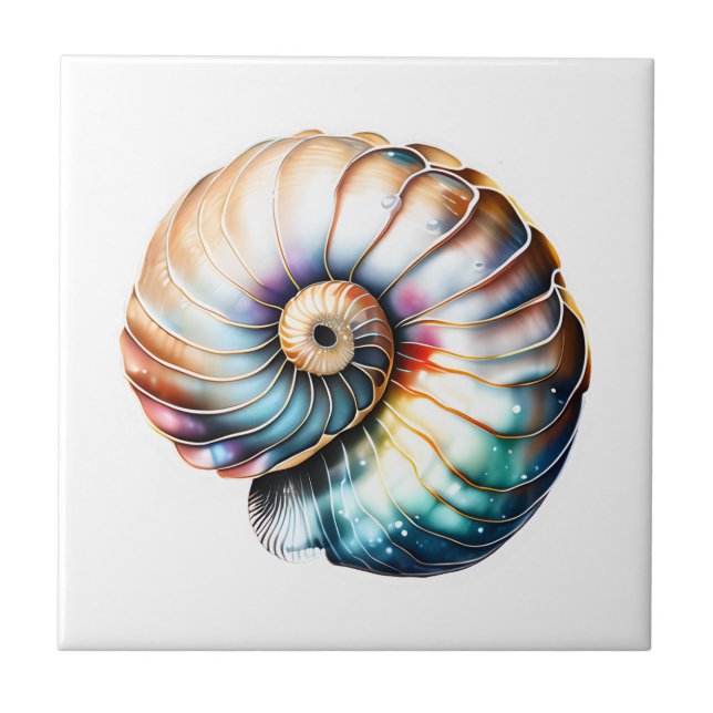 Nautilus seashell iridescent 3D beach sea nautical Tile (Front)