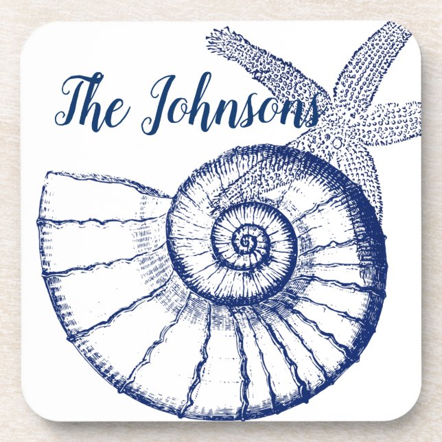 Nautilus Seashell & Starfish Marine Life Custom Coaster (Front)