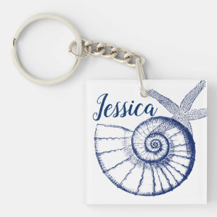 Nautilus Seashell & Starfish Marine Life Custom Key Ring