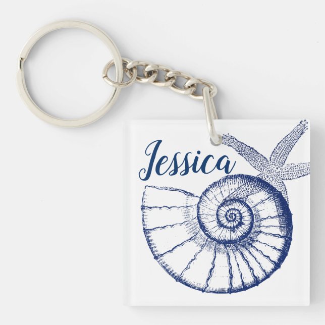 Nautilus Seashell & Starfish Marine Life Custom Key Ring (Front)