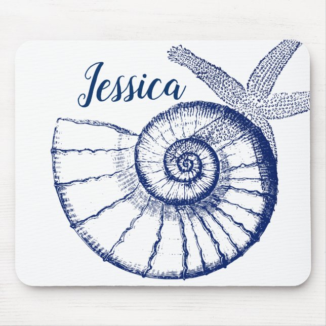 Nautilus Seashell & Starfish Marine Life Custom Mouse Mat (Front)