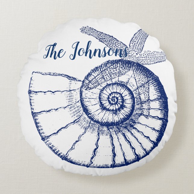 Nautilus Seashell & Starfish Marine Life Custom Round Cushion (Front)