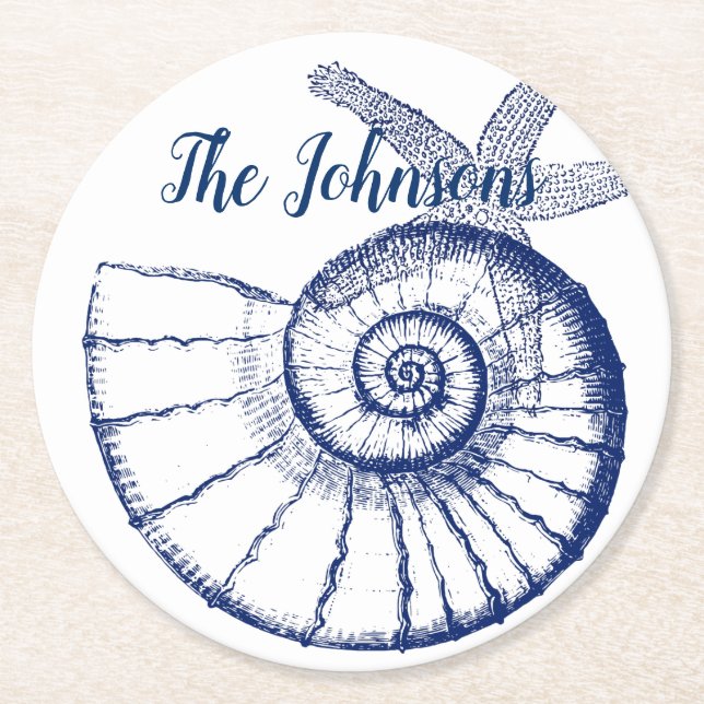 Nautilus Seashell & Starfish Marine Life Custom Round Paper Coaster (Front)