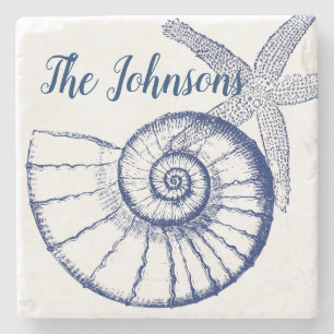 Nautilus Seashell & Starfish Marine Life Custom Stone Coaster