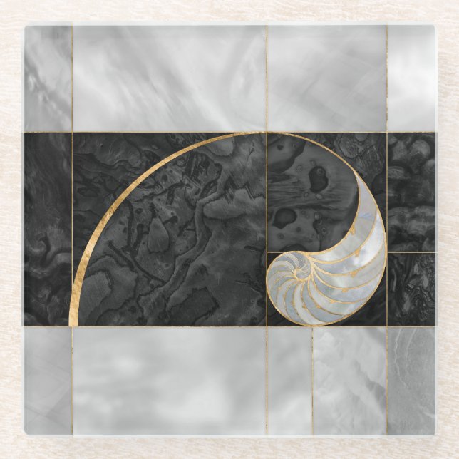 Nautilus Shell - Black Abalone and Pearl Glass Coaster (Front)