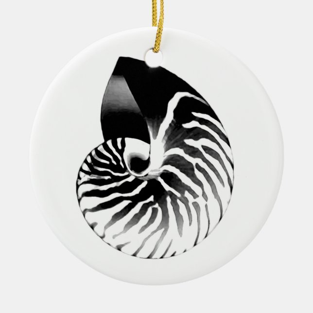 Nautilus shell - black, grey and white ceramic tree decoration (Front)