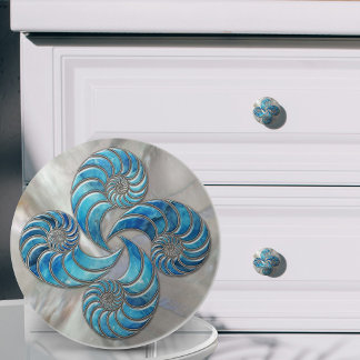 Nautilus Shell Blue Marble and Mother of Pearl Ceramic Knob