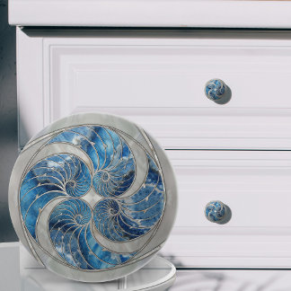 Nautilus Shell Blue Marble and Mother of Pearl Ceramic Knob