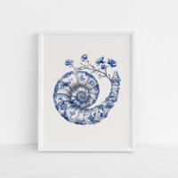 Nautilus Shell – Coastal Blue on Beige Wall Art