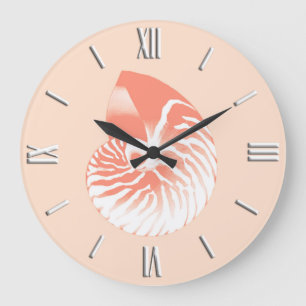 Nautilus shell - coral orange and white large clock