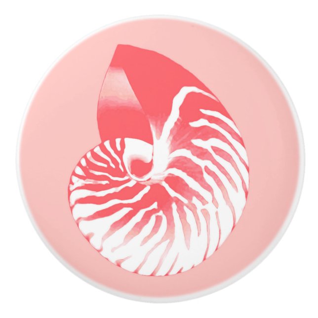 Nautilus shell - coral pink and white ceramic knob (Front)