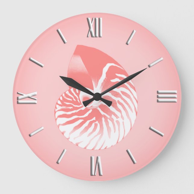 Nautilus shell - coral pink and white large clock (Front)