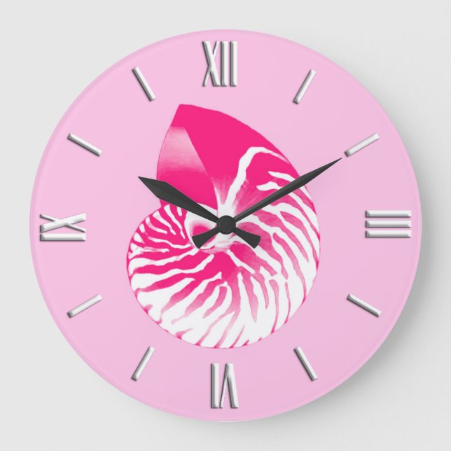 Nautilus shell - fuchsia pink and white large clock (Front)