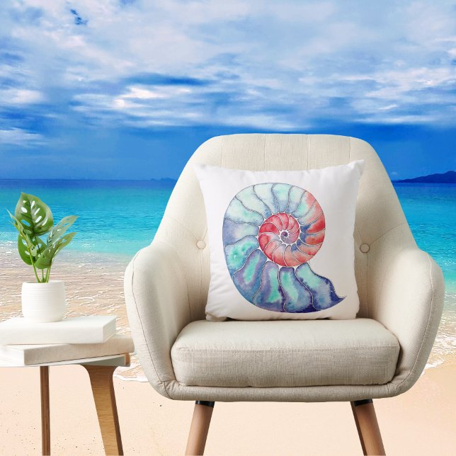 Nautilus Shell in Coral Blue and Gray on Off White Cushion (Creator Uploaded)
