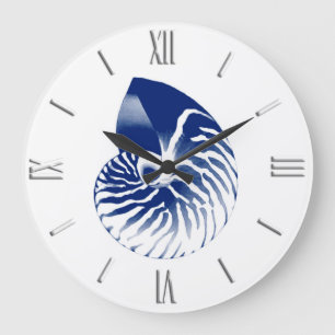 Nautilus shell - navy blue and white large clock