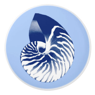 Nautilus shell - navy, white & light blue ceramic knob