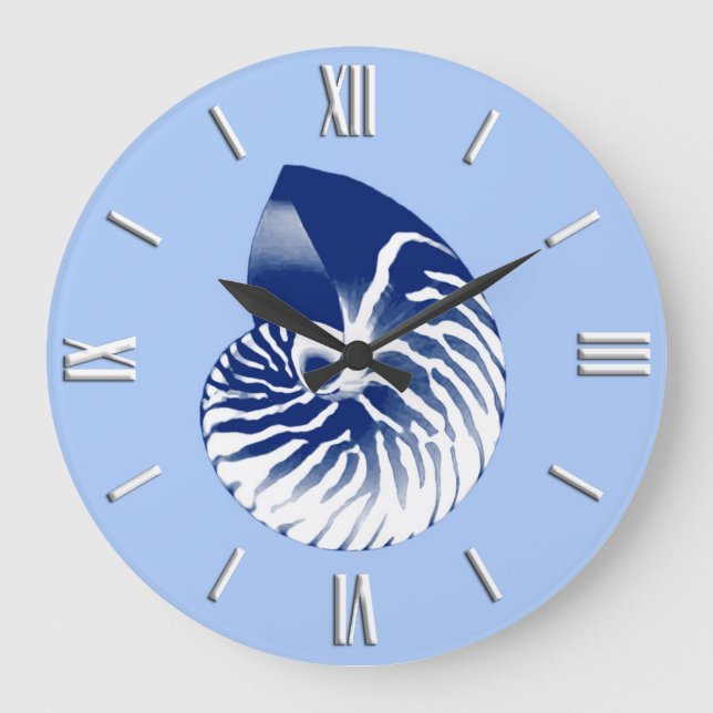Nautilus shell - navy, white & light blue large clock (Front)
