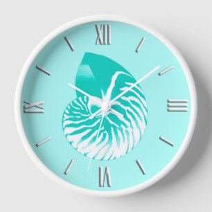 Nautilus shell - turquoise, aqua and white clock