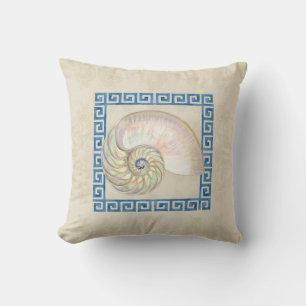 Nautilus Shell Watercolor Greek Key Damask Beach Cushion