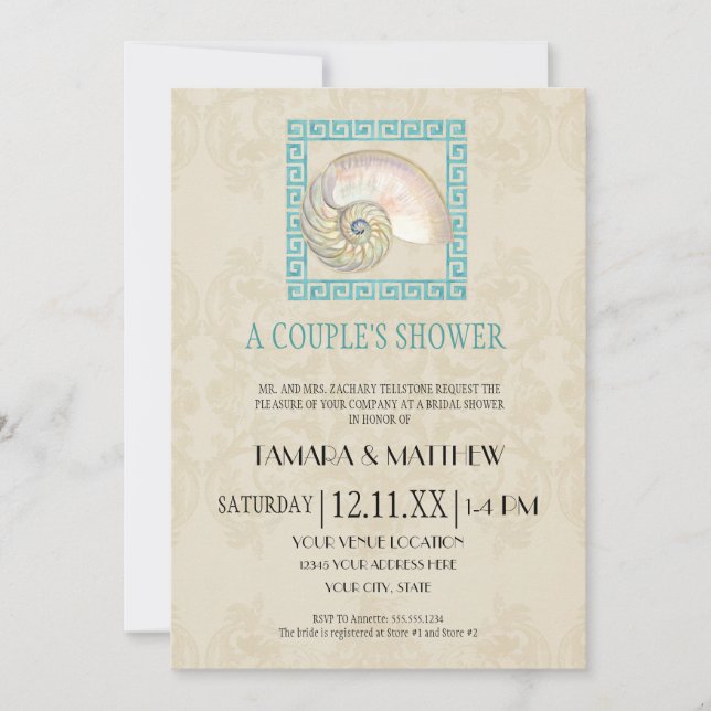 Nautilus Shell Watercolor Greek Key Damask Beach Invitation (Front)
