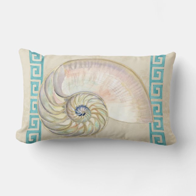 Nautilus Shell Watercolor Greek Key Damask Beach Lumbar Cushion (Front)