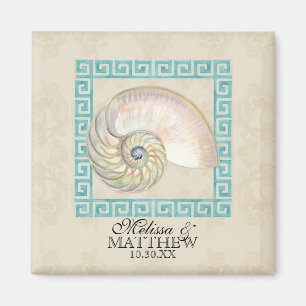 Nautilus Shell Watercolor Greek Key Damask Beach Magnet