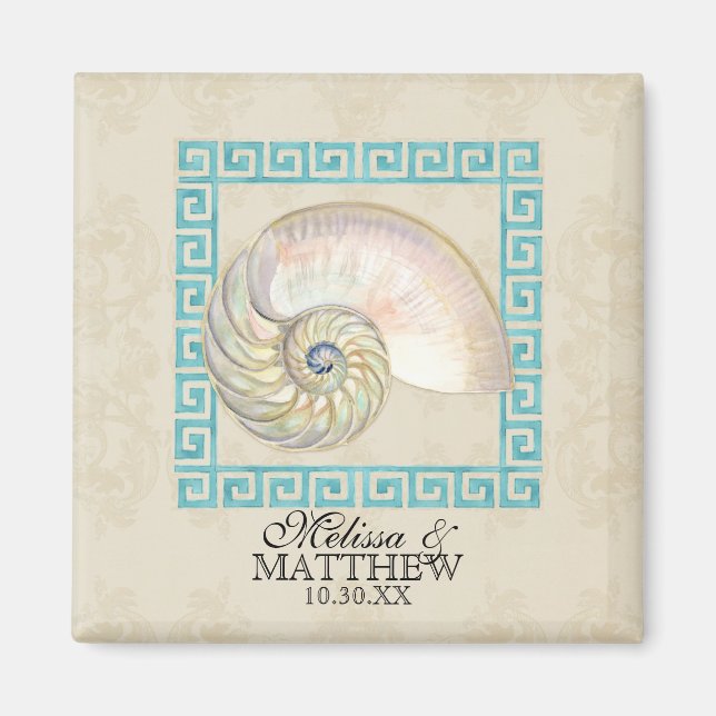 Nautilus Shell Watercolor Greek Key Damask Beach Magnet (Front)