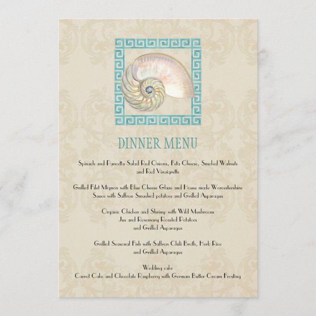 Nautilus Shell Watercolor Greek Key Damask Beach Menu (Front)