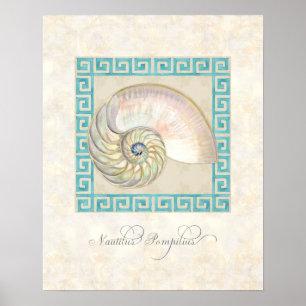 Nautilus Shell Watercolor Greek Key Damask Beach Poster