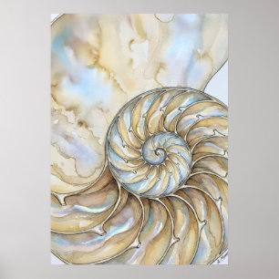 Nautilus Shell Watercolour Golden Spiral Ocean Art Poster