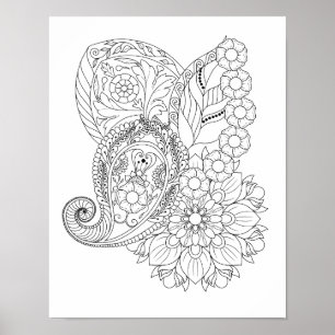 Nautilus Spiral Flowers Leaves Mandala Colouring Poster
