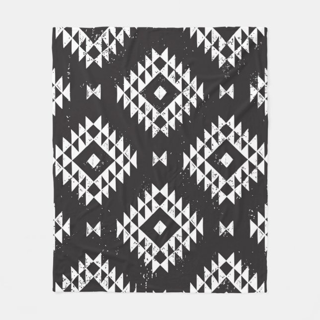 Navajo Geometric: Black White Tribal. Fleece Blanket (Front)