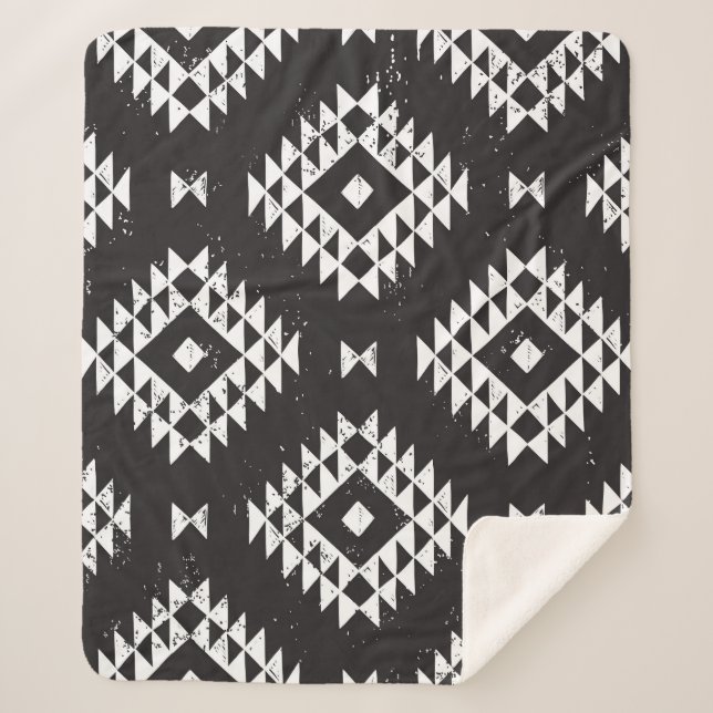 Navajo Geometric: Black White Tribal. Sherpa Blanket (Front)