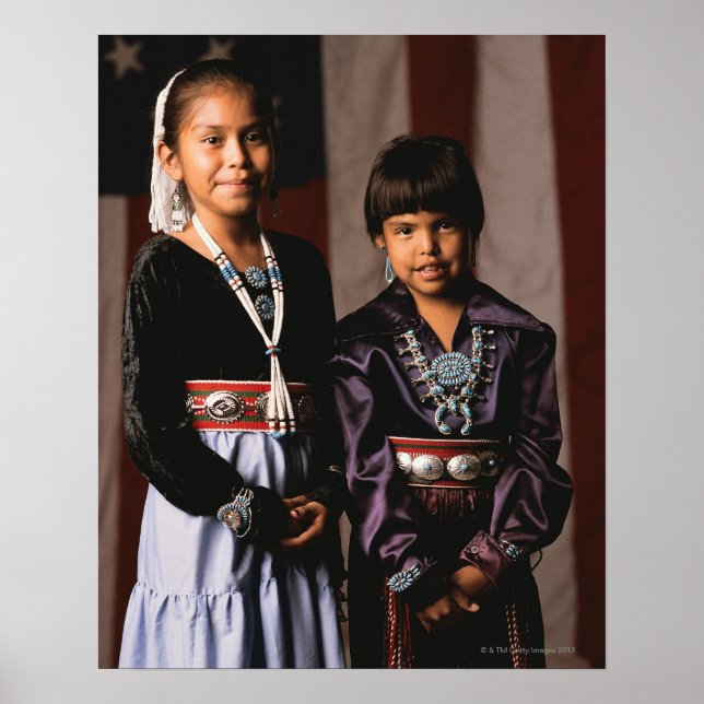 Navajo Girls in Front of Flag Poster (Front)