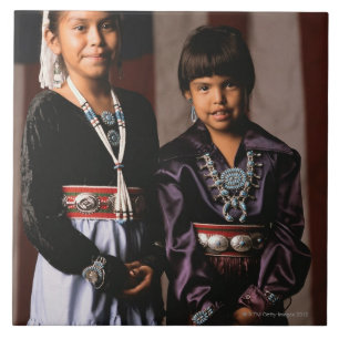 Navajo Girls in Front of Flag Tile