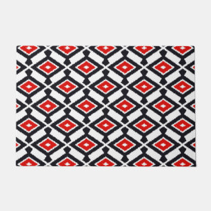 Navajo Ikat Pattern, Dark Red, Black and White Doormat