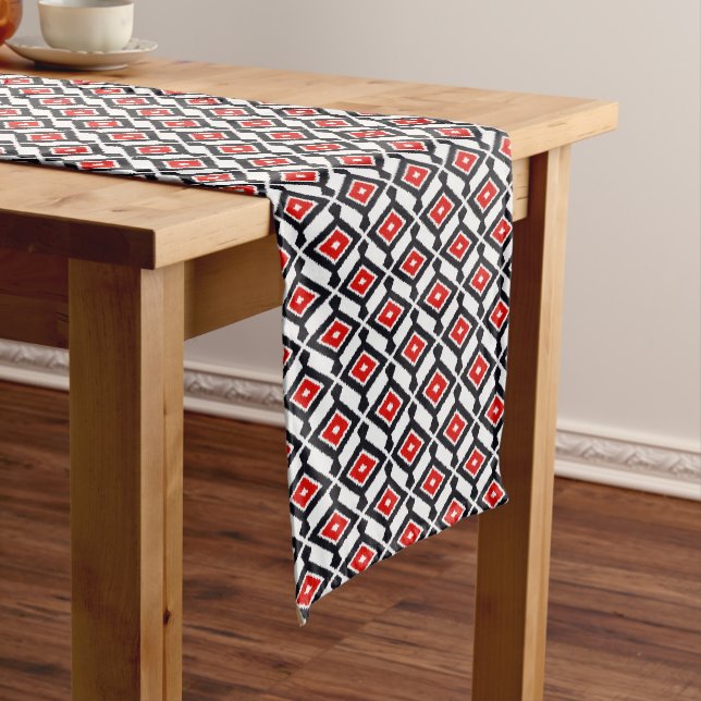 Navajo Ikat Pattern, Dark Red, Black and White Short Table Runner (In Situ)