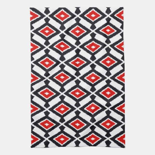 Navajo Ikat Pattern, Dark Red, Black and White Tea Towel (Vertical)