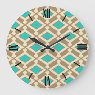 Navajo Ikat Pattern - Turquoise, Taupe and Beige Large Clock