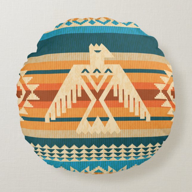 Navajo style abstract seamless pattern with eagle  round cushion (Front)