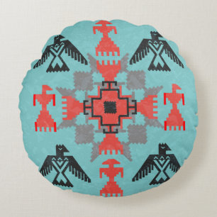Navajo style ethnic ornament with birds and abstra round cushion