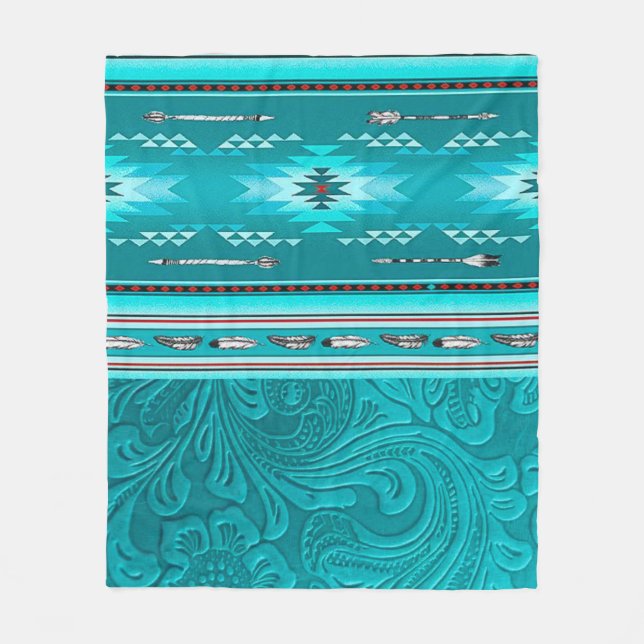 Navajo Tribal Turquoise Faux Leather Tool Fleece Blanket (Front)