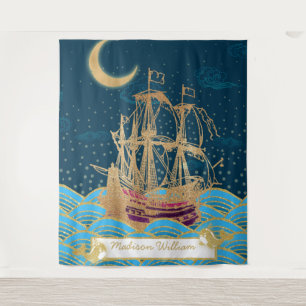 Naval Fleet Under the moonlight with little whales Tapestry