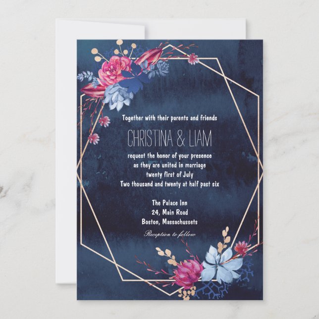Nave Blue Chalkboard Floral Wedding Invitation (Front)