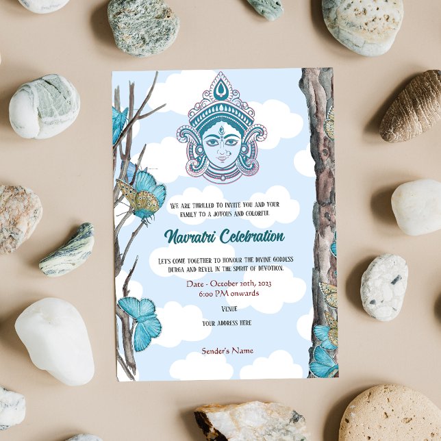 Navratri Durga Puja Celebration Sky Blue Butterfly Invitation (Creator Uploaded)