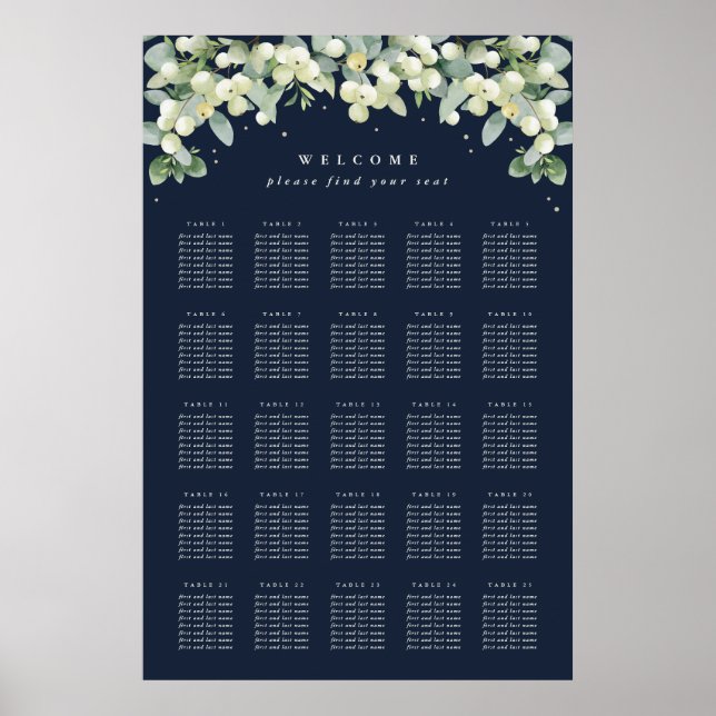 Navy 24x36" 25 Tables of 8 Seating Chart Poster (Front)