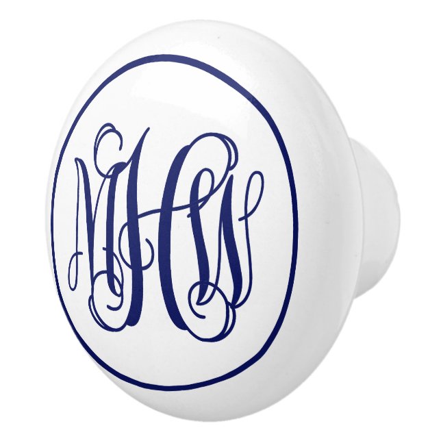 Navy 3 Initial Vine Script Monogram DIY BG Ceramic Knob (Right)